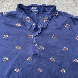 Vintage 90s Polo Ralph Lauren Short Sleeve Polo AOP Crest Shirt L Single Stitch
